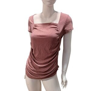 Y2K Willow & Root Ruched Square Neck Sparkly Short Sleeve Top Rose Gold Shimmer